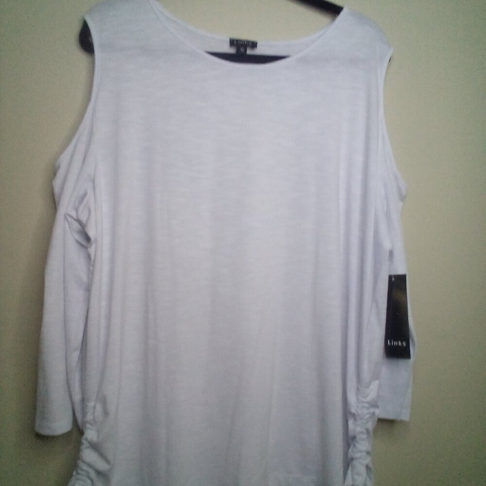 Links Blouse Women 1X Cold Shoulder 3/4 Sleeve Side Gathers White